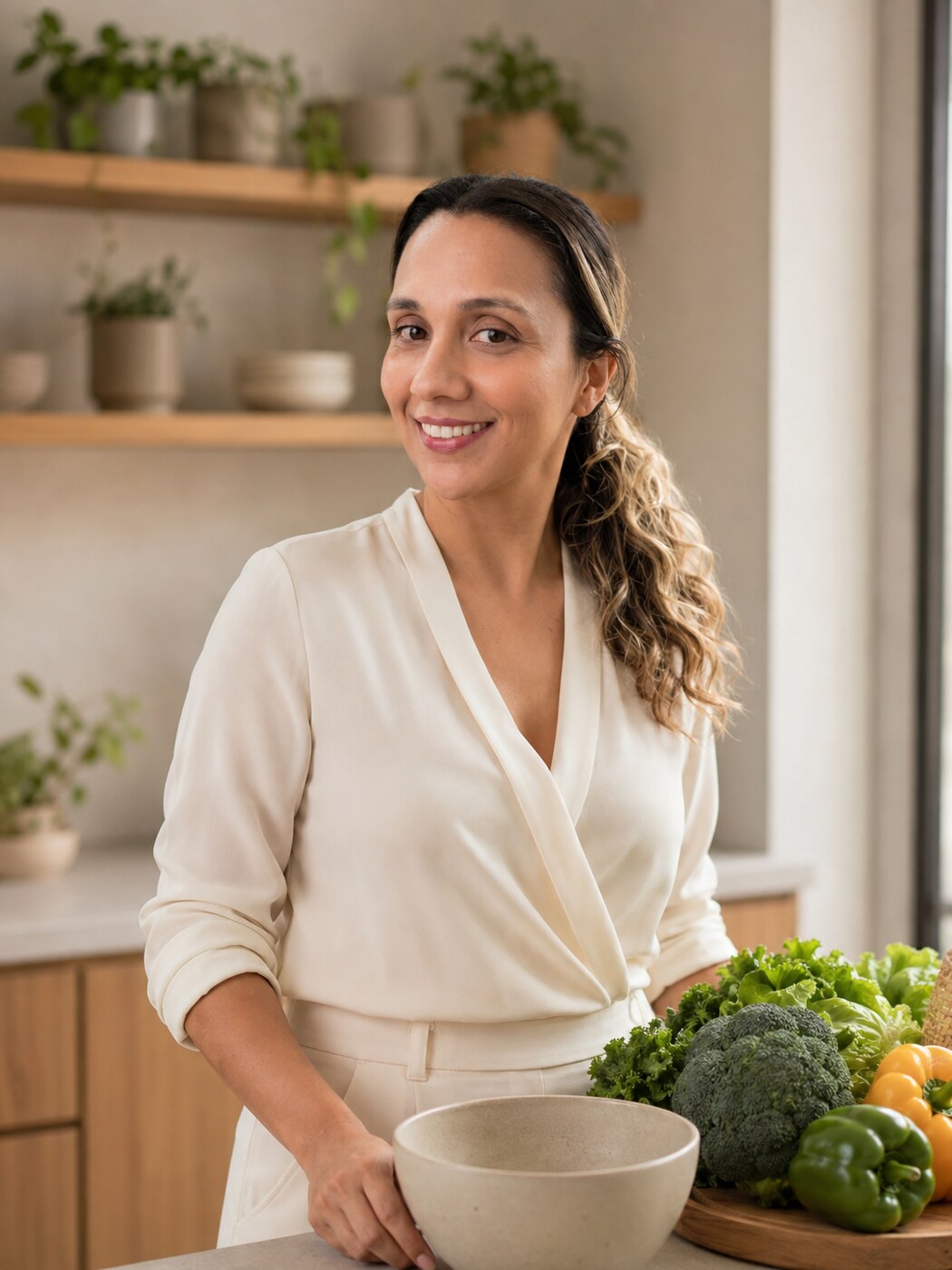 Dra. Flávia Borges em uma cozinha saudável